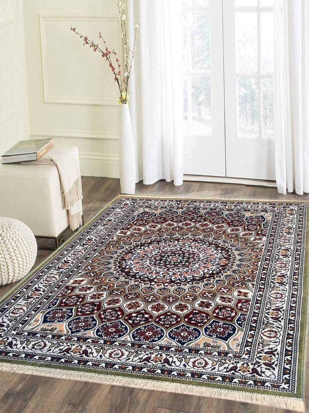 

IMRA CARPET Green & Brown Floral Printed Woollen Shaggy Carpet