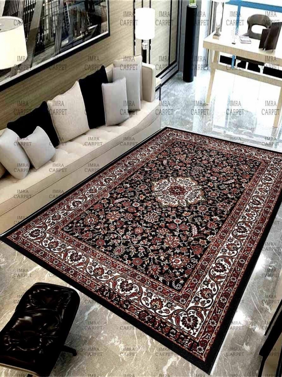 

IMRA CARPET Black & Red Floral Printed Woollen Traditional Carpet