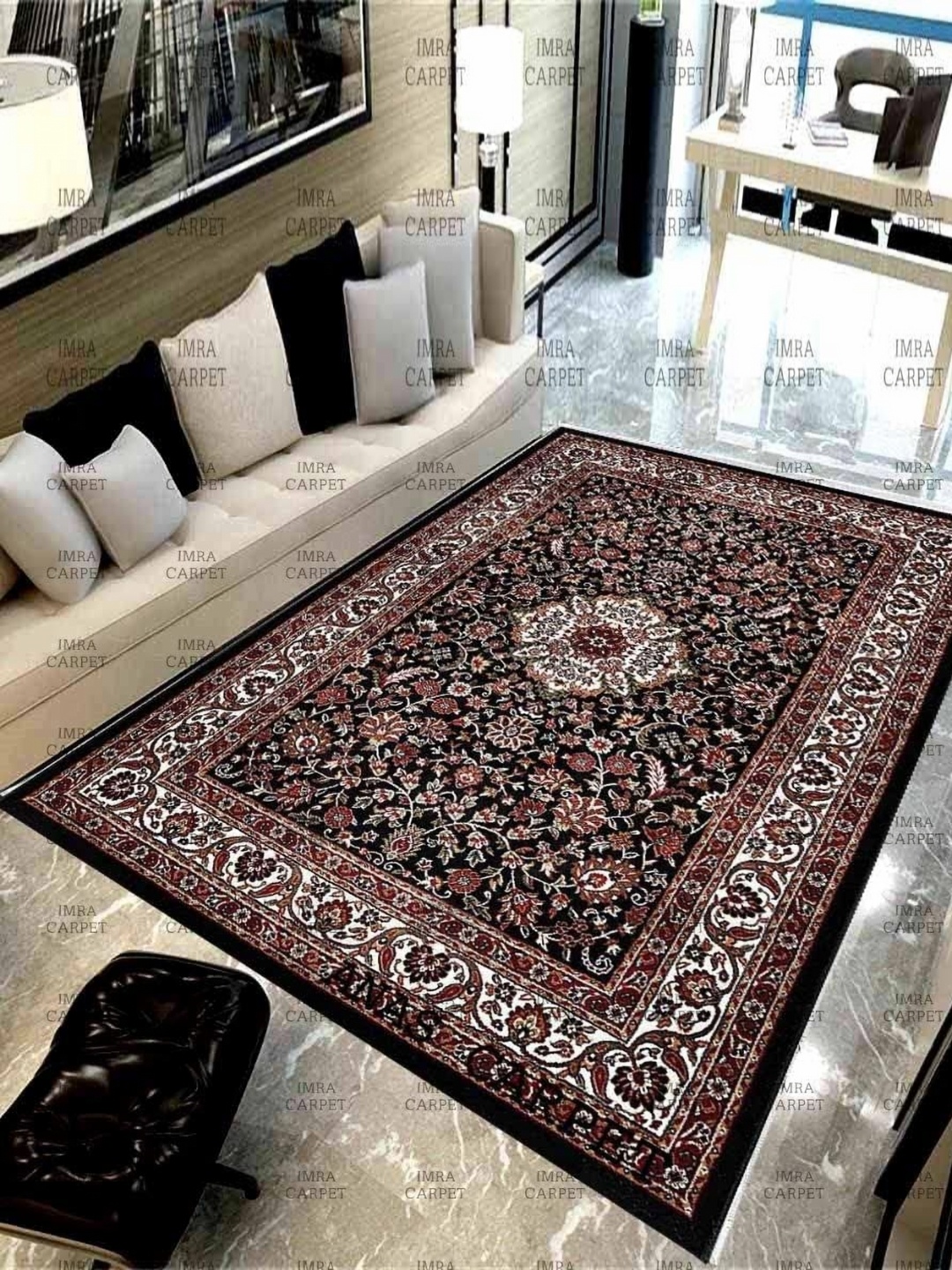 

IMRA CARPET Black & Beige Floral Traditional Woollen Carpet