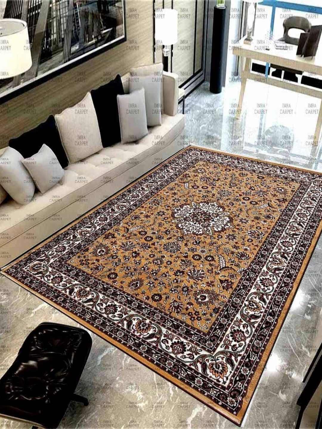 

IMRA CARPET Gold-Toned & White Floral Printed Woollen Shaggy Carpet