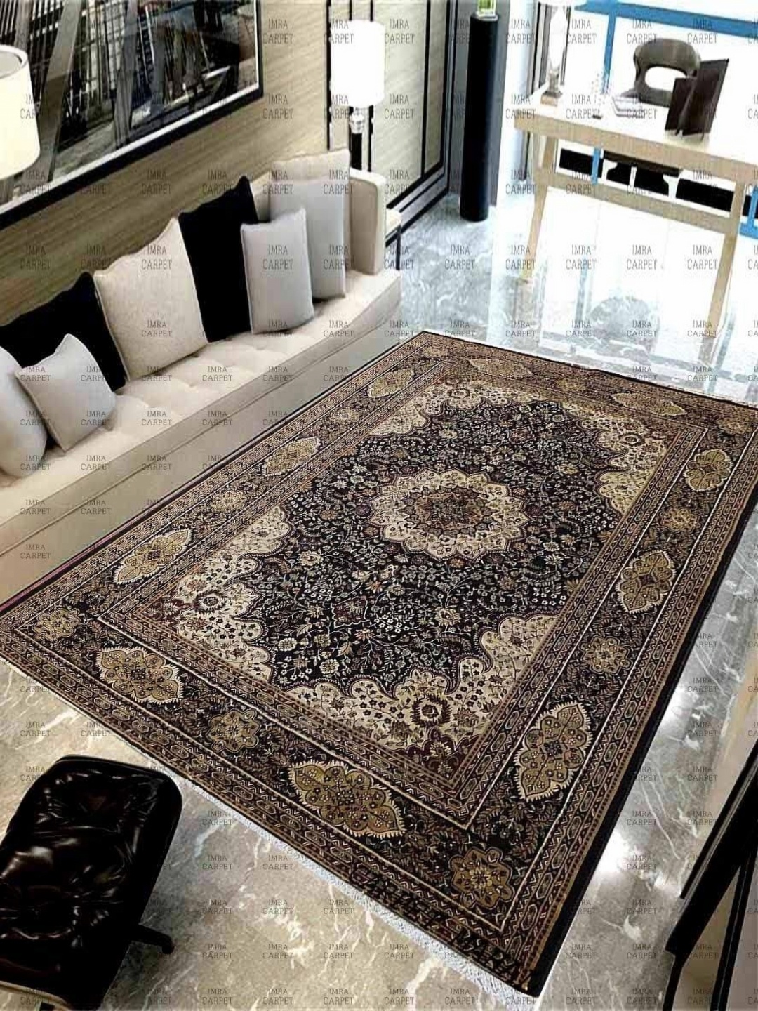 

IMRA CARPET Black & Beige Floral Handmade Carpet