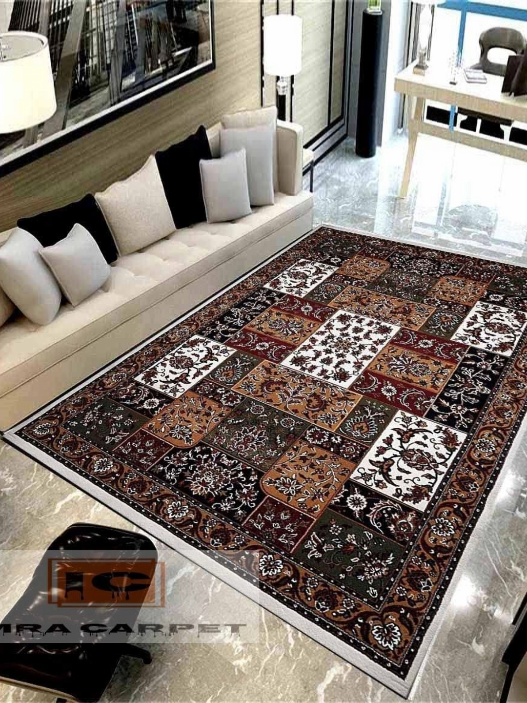 

IMRA CARPET Brown & White Ethnic Motifs Satin Traditional Carpet