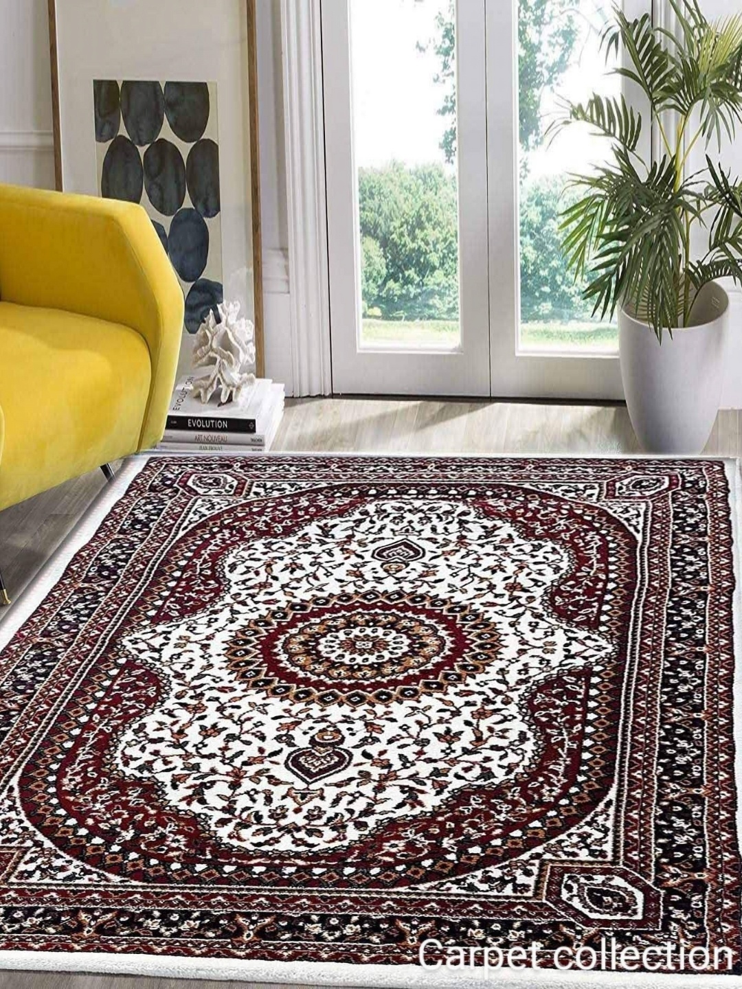 

IMRA CARPET White & Maroon Floral Rectangle Anti-Skid Woollen Carpet