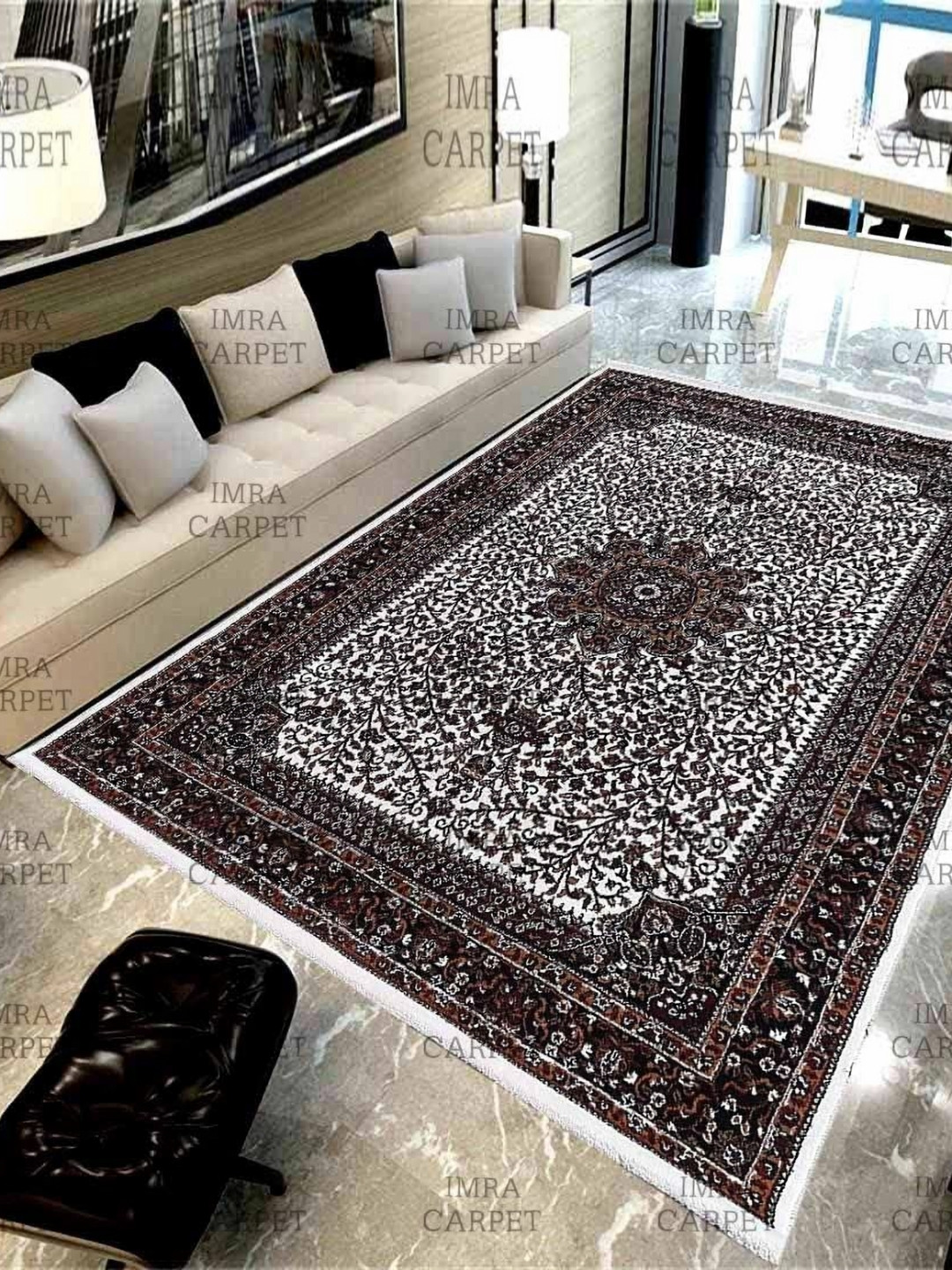 

IMRA CARPET White & Brown Floral Printed Woollen Carpet