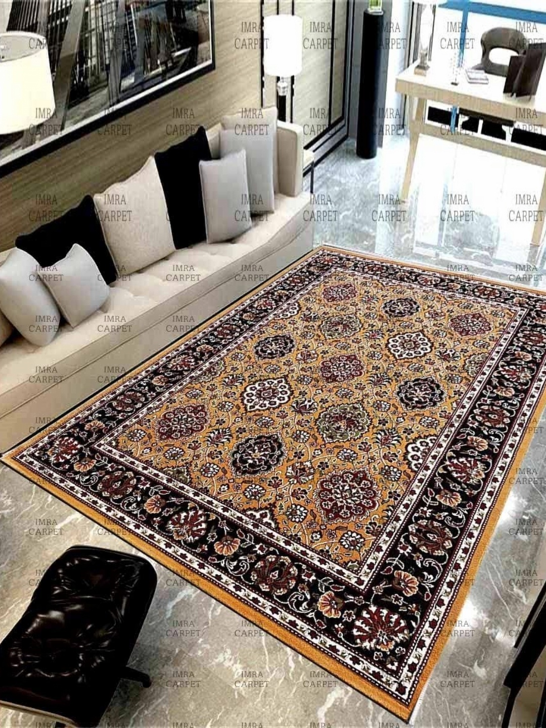

IMRA CARPET Gold-Toned Floral Woollen Traditional Carpet