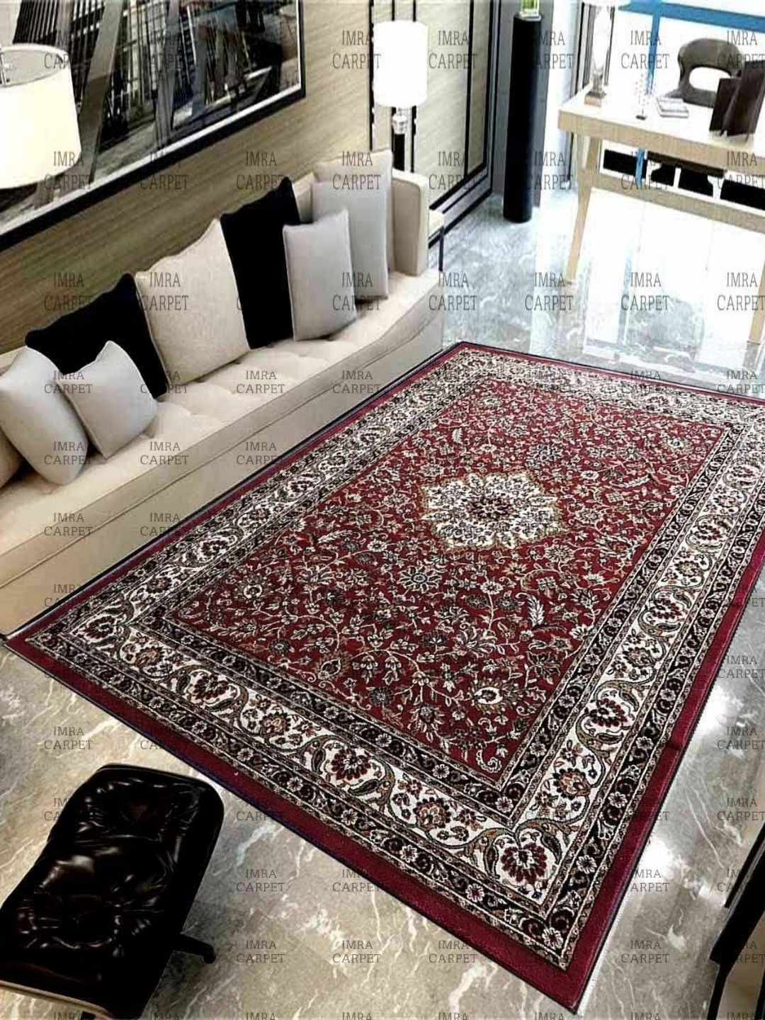 

IMRA CARPET Maroon & White Floral Printed Woollen Traditional Carpet