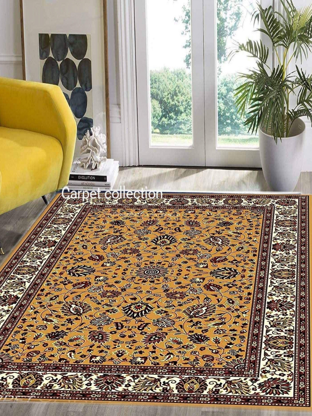 

IMRA CARPET Yellow Floral Printed Shaggy Woollen Carpet