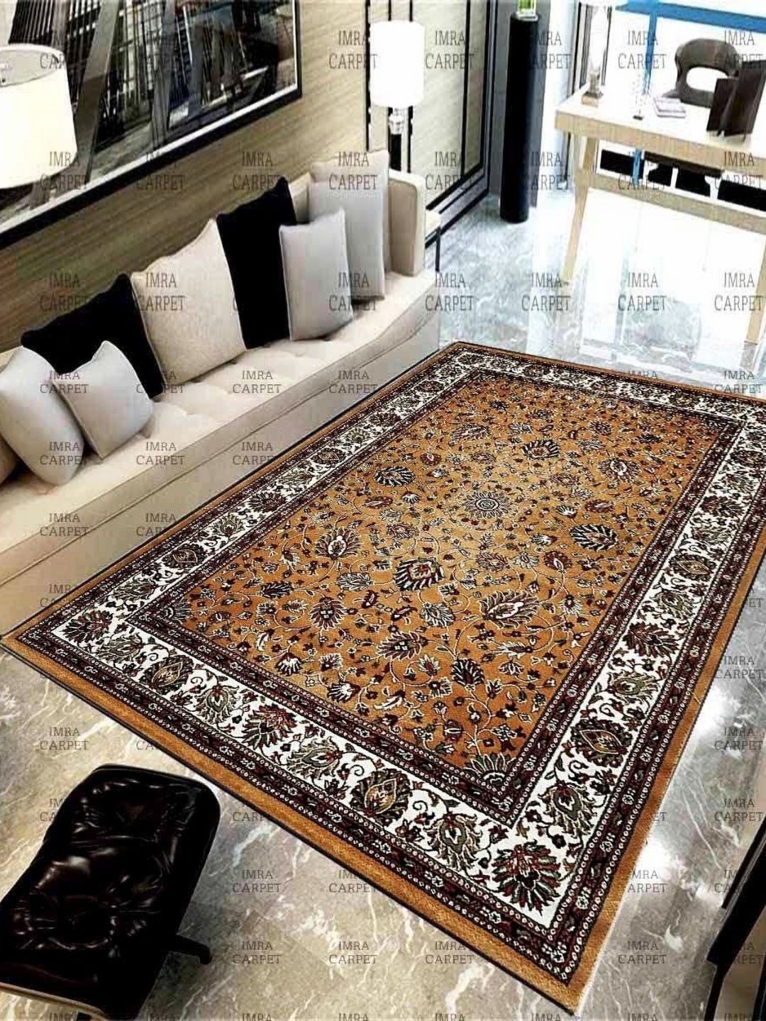 

IMRA CARPET Gold Toned Floral Printed Woollen Shaggy Carpet