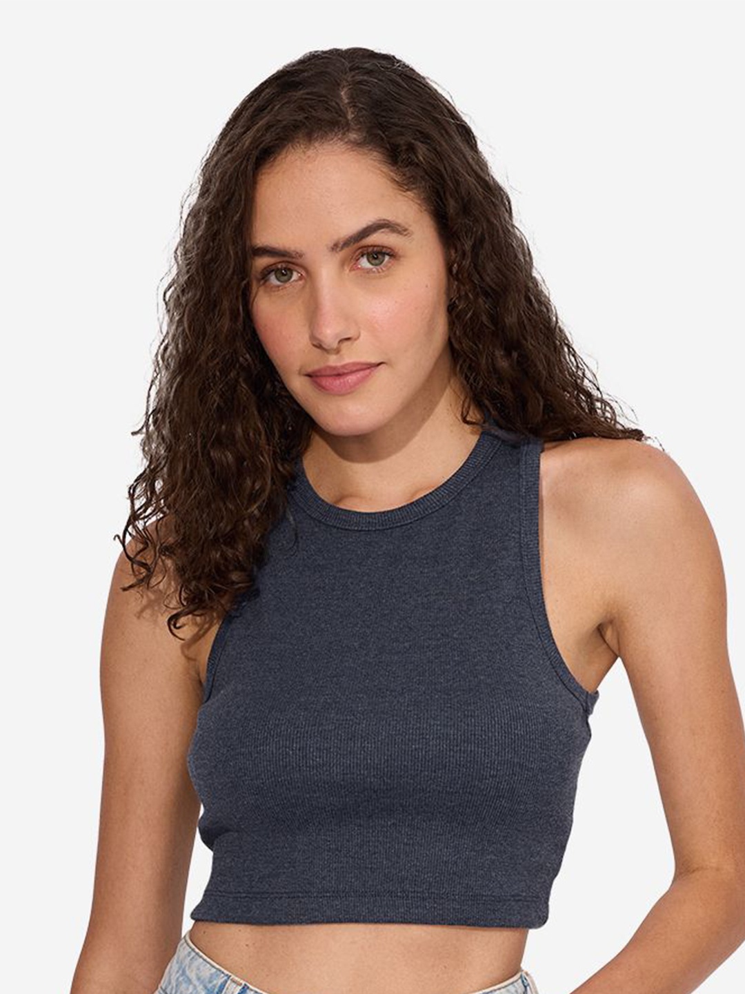 

The Souled Store Women Self Design Slim Fit Sleeveless Cotton Tank Tops, Blue