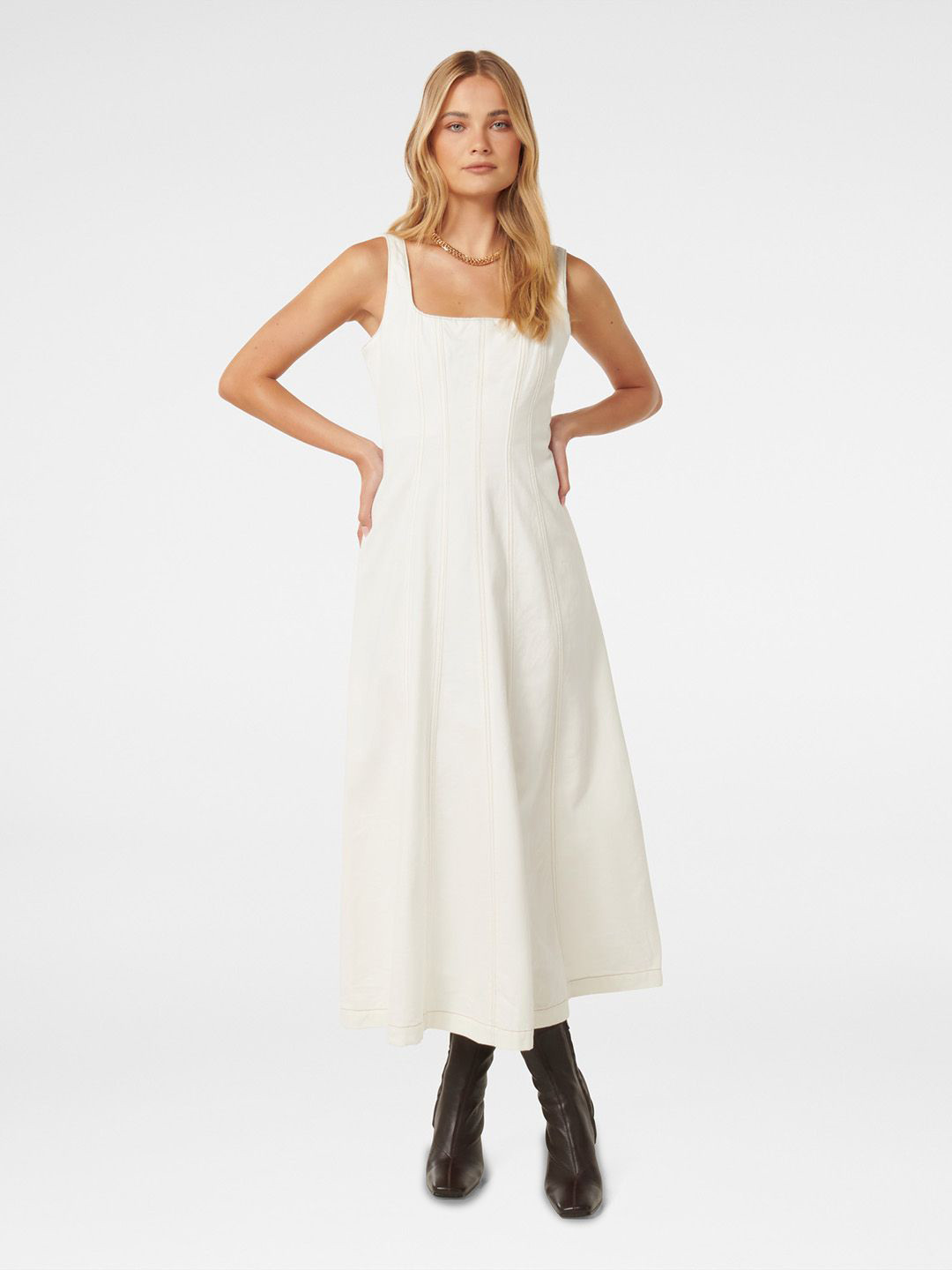 

Forever New Square Neck Sleeveless Denim Fit and Flare Maxi Dress, White