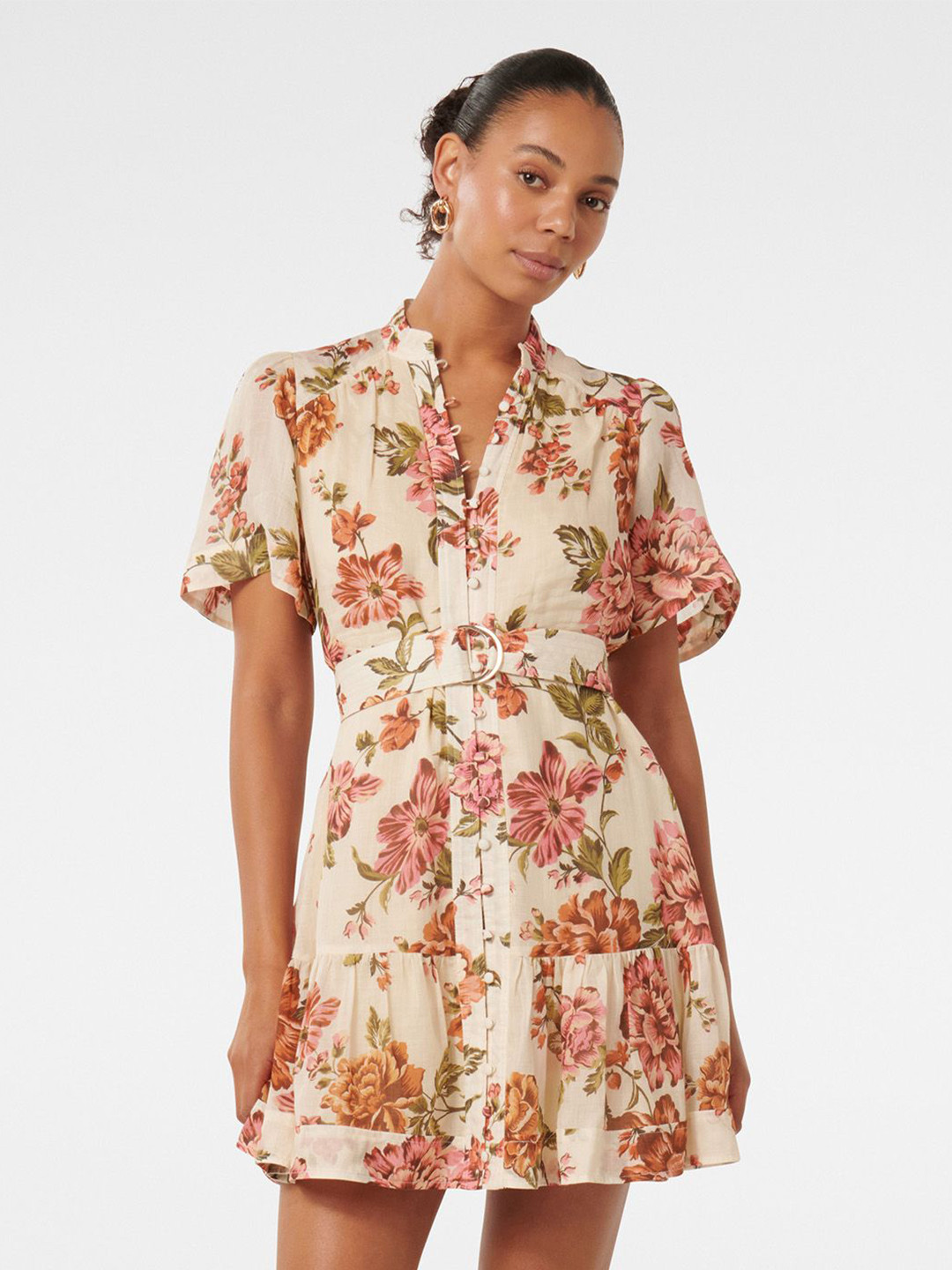 

Forever New Floral Print Fit & Flare Mini Dress, Beige