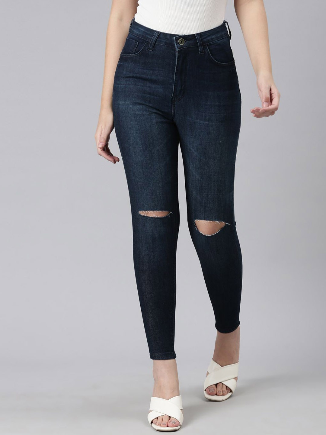 

ZHEIA Women Skinny Fit High-Rise Slash Knee Stretchable Jeans, Blue
