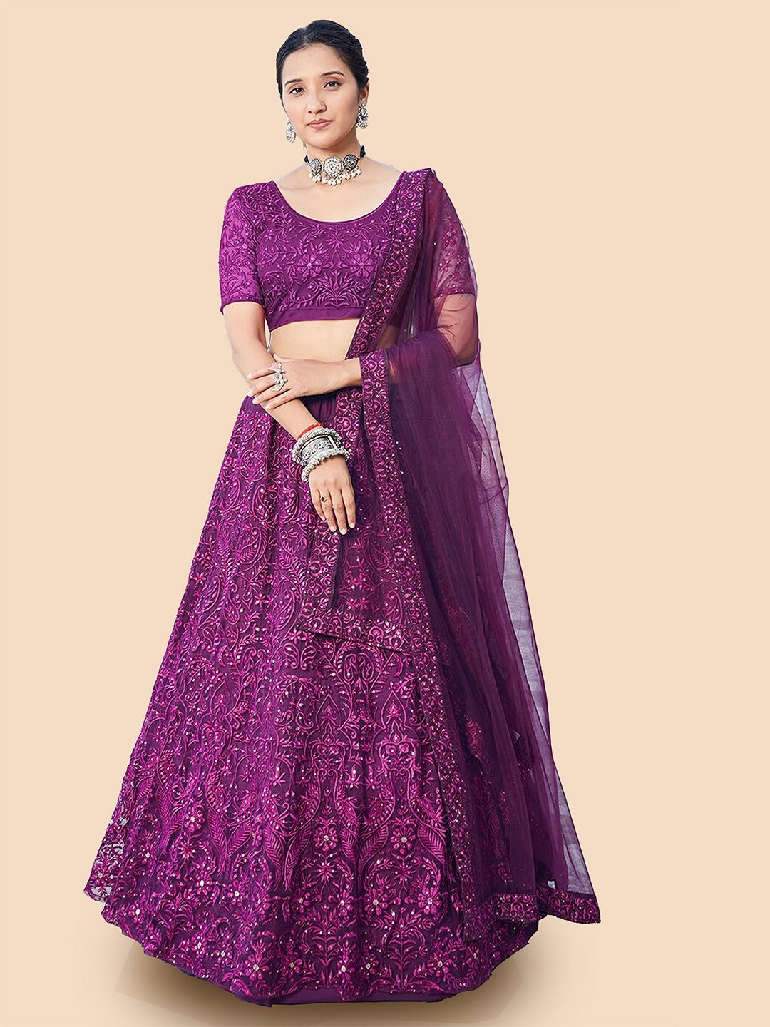 

Fusionic Embroidered Sequinned Semi-Stitched Lehenga & Unstitched Blouse With Dupatta, Purple