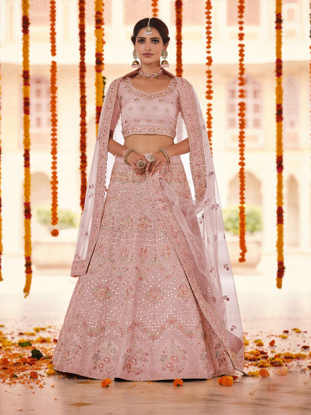 

Fusionic Embroidered V-Neck Organza Semi Stitched Lehenga & Unstitched Blouse With Dupatta, Peach