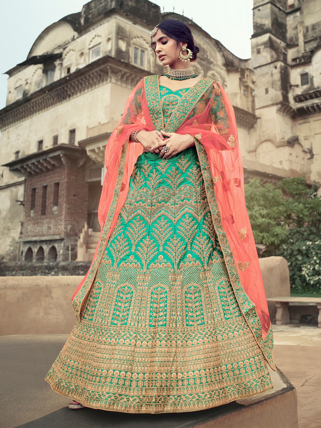 

Fusionic Embroidered Zari Semi-Stitched Lehenga & Unstitched Blouse With Dupatta, Green