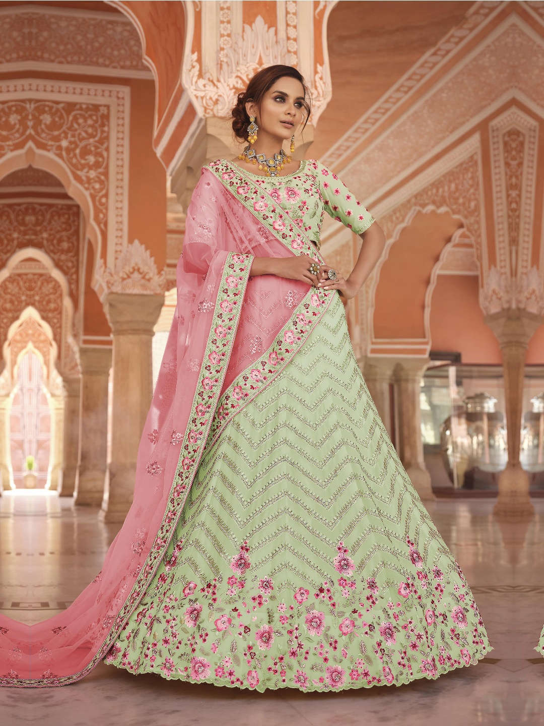 

Fusionic Embroidered Thread Work Semi-Stitched Lehenga & Unstitched Blouse With Dupatta, Green