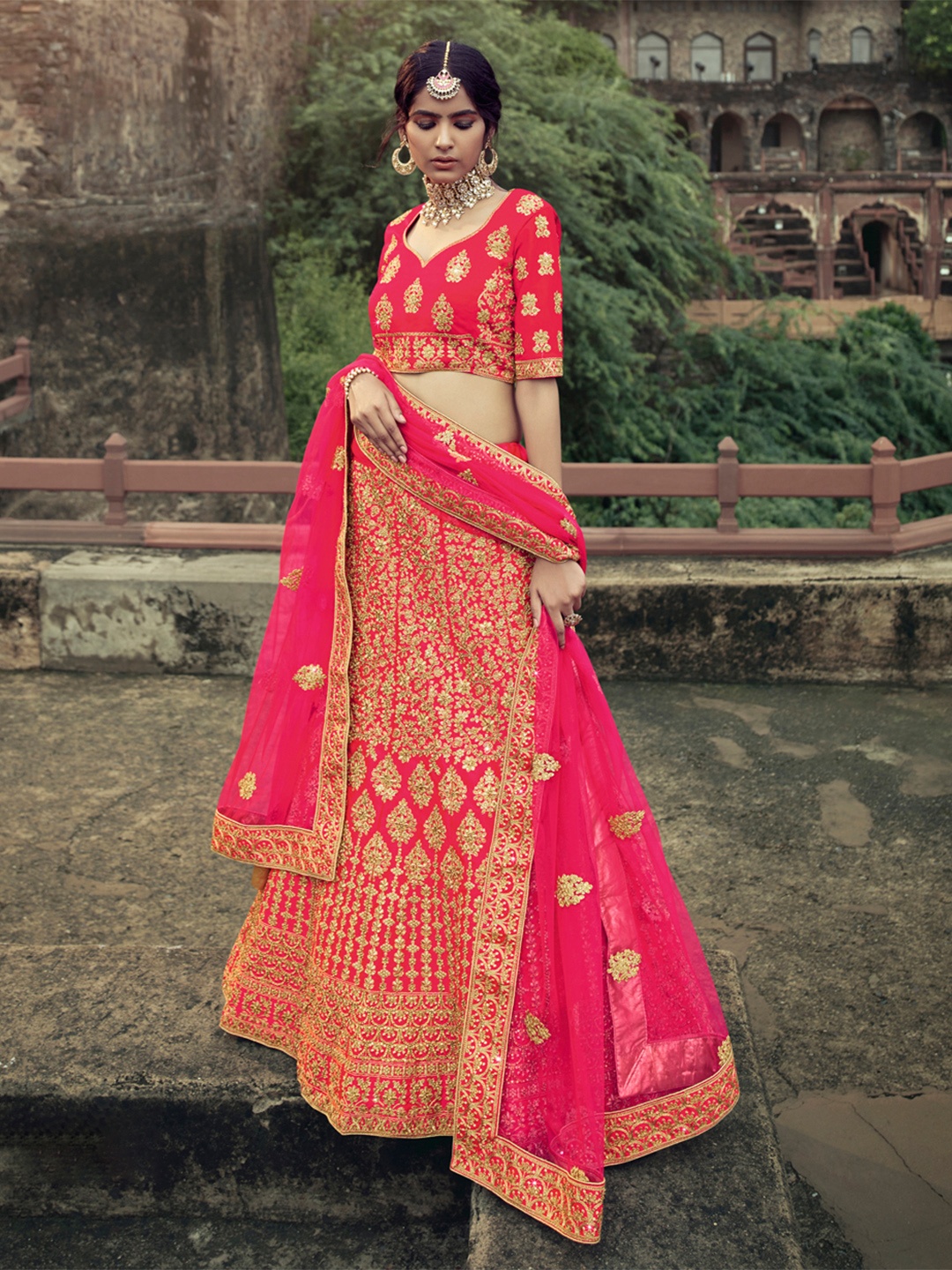 

Fusionic Embroidered Zari Semi-Stitched Lehenga & Unstitched Blouse With Dupatta, Pink