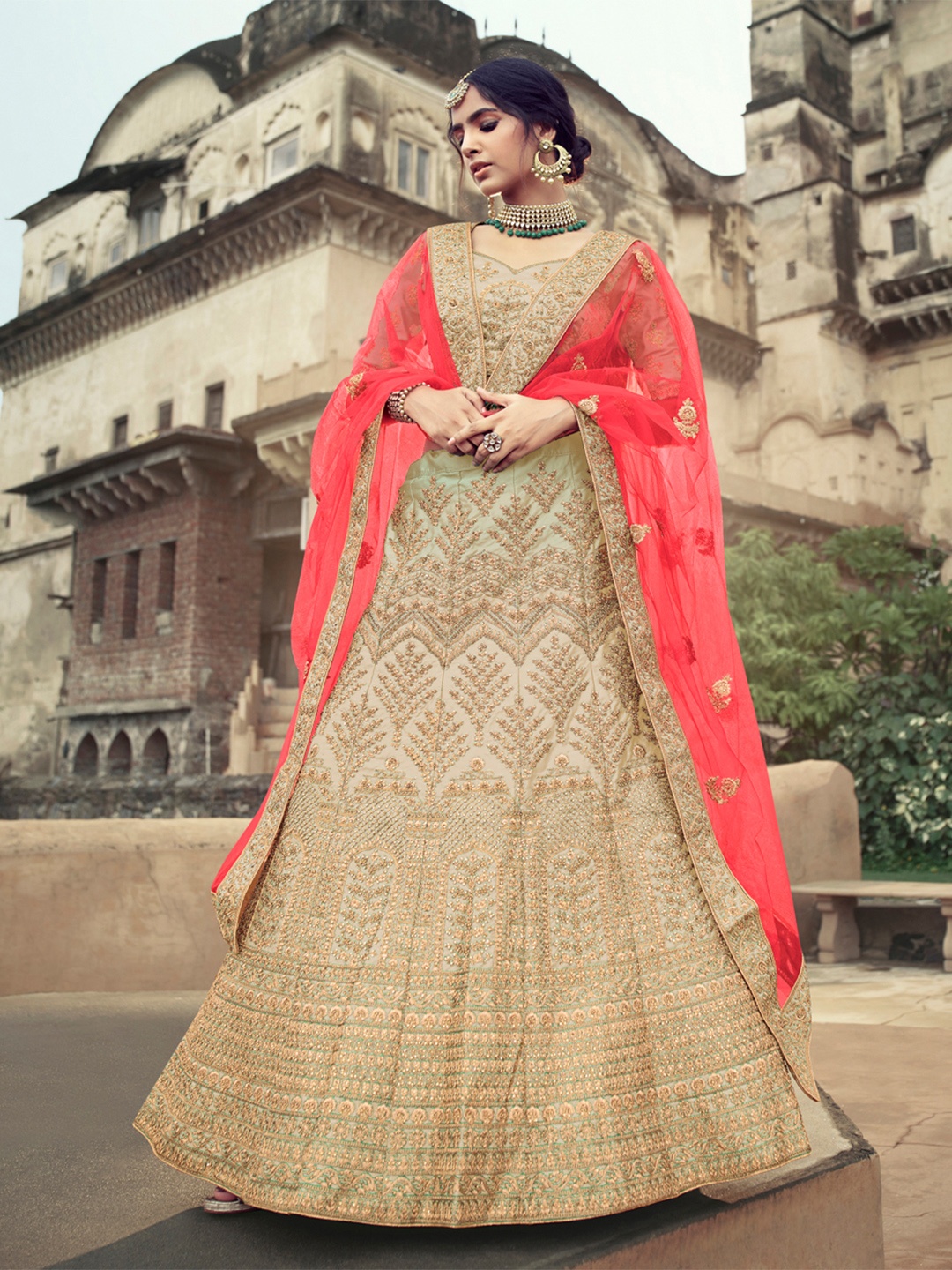 

Fusionic Embroidered Semi-Stitched Lehenga & Unstitched Blouse With Dupatta, Beige