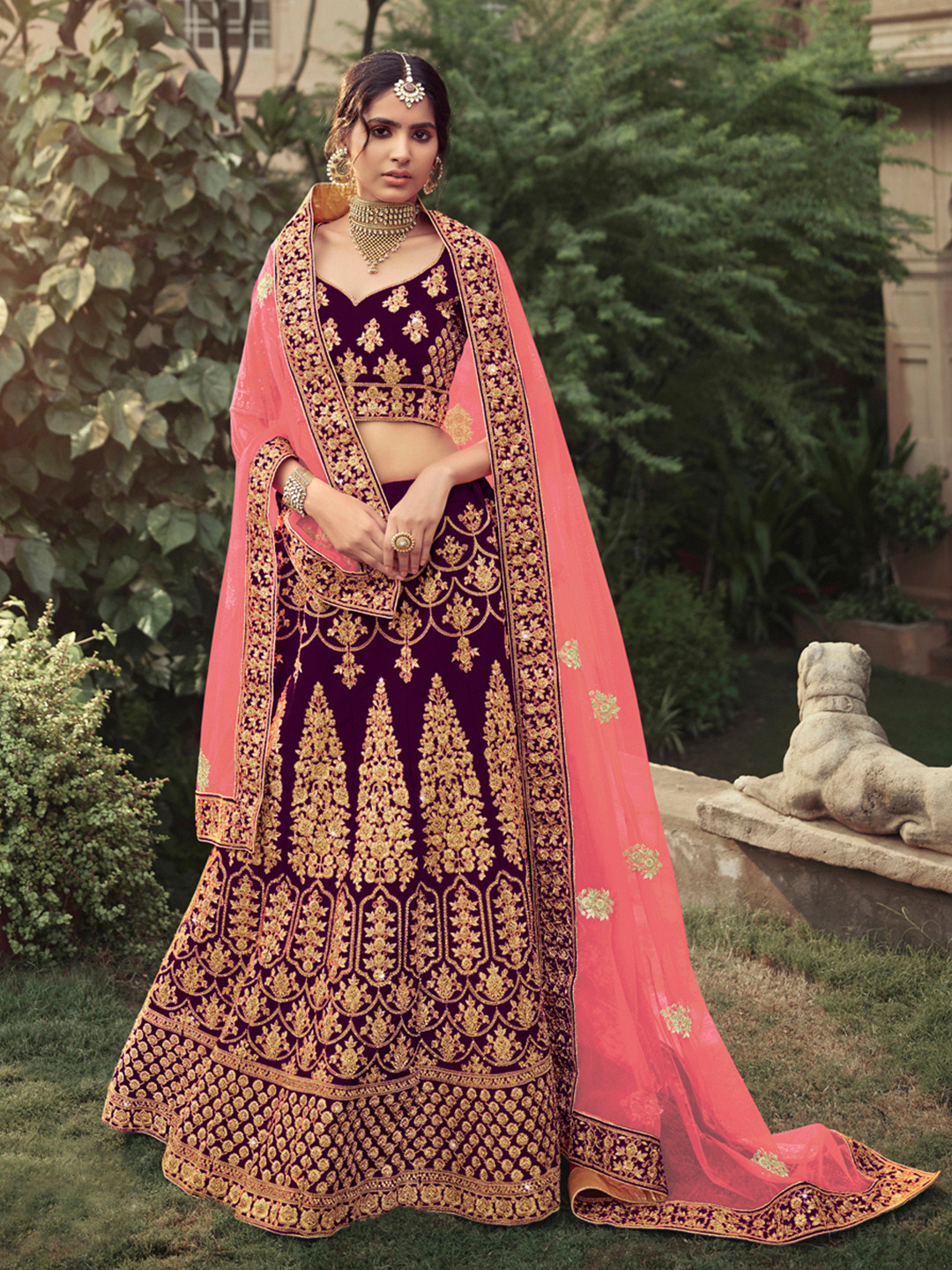 

Fusionic Embroidered Zari Semi-Stitched Lehenga & Unstitched Blouse With Dupatta, Burgundy