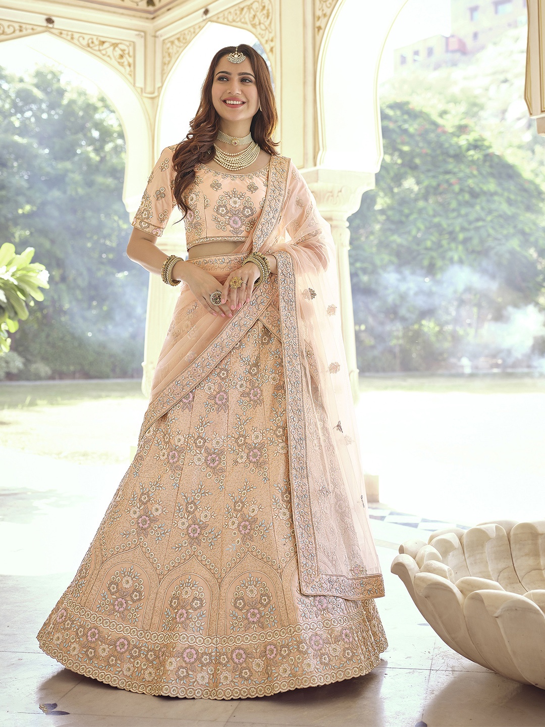 

Fusionic Embroidered Sequinned Semi-Stitched Lehenga & Unstitched Blouse With Dupatta, Peach