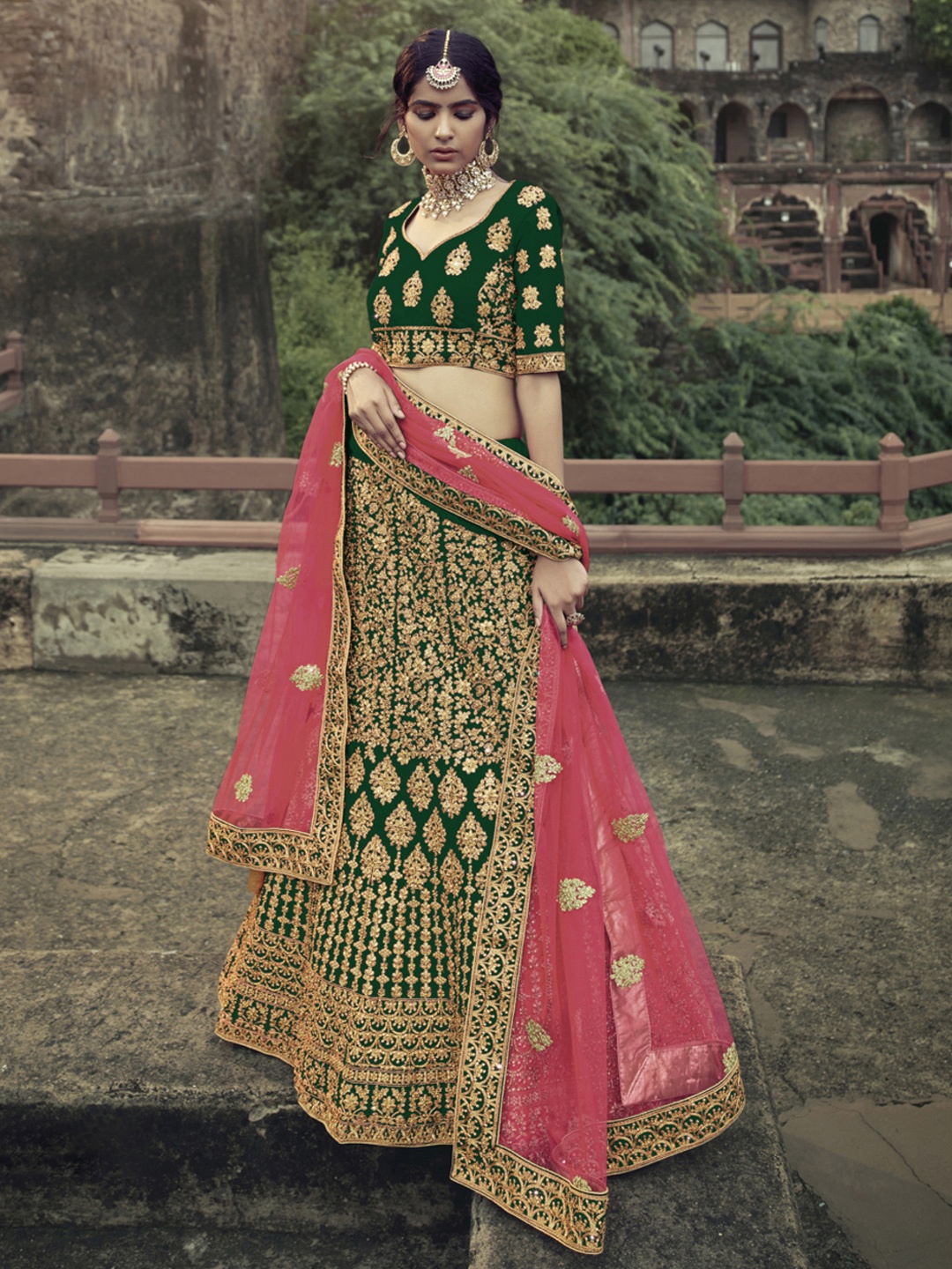 

Fusionic Embroidered Zari Work Semi-Stitched Lehenga & Unstitched Blouse With Dupatta, Green