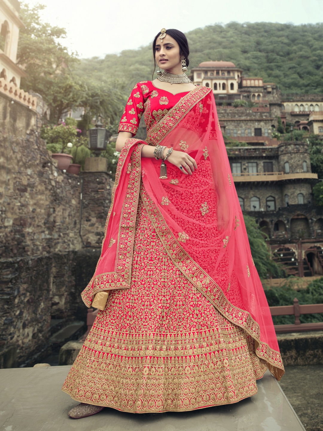 

Fusionic Embroidered Semi-Stitched Lehenga & Unstitched Blouse With Dupatta, Pink