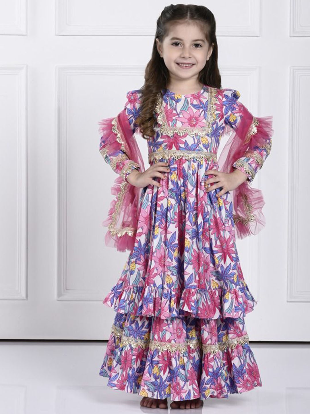 

THE PONY & PEONY CO. Girls Floral Printed Anarkali Pleated Kurta With Sharara & Dupatta, Blue