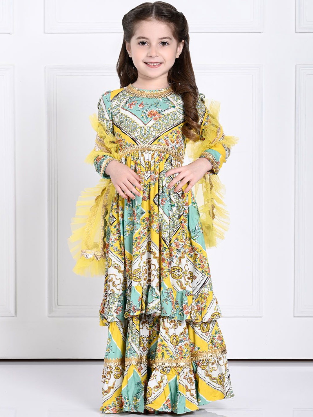 

THE PONY & PEONY CO. Girls Floral Printed Anarkali Kurta with Sharara & With Dupatta, Yellow