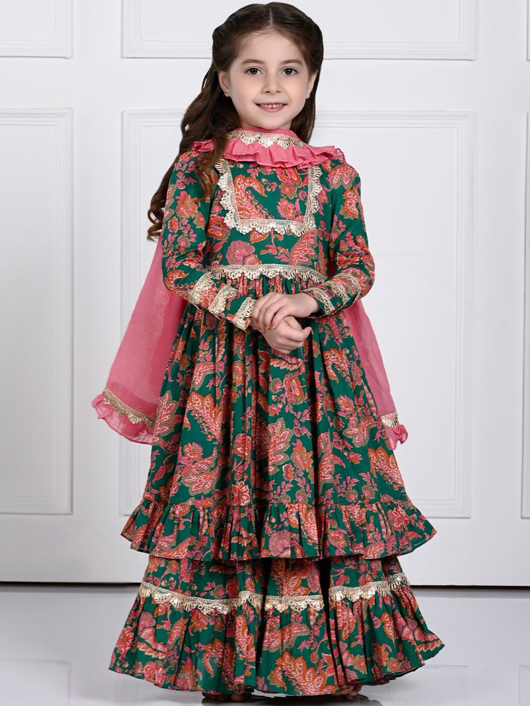

THE PONY & PEONY CO. Girls Floral Printed Anarkali Kurta with Sharara & With Dupatta, Green