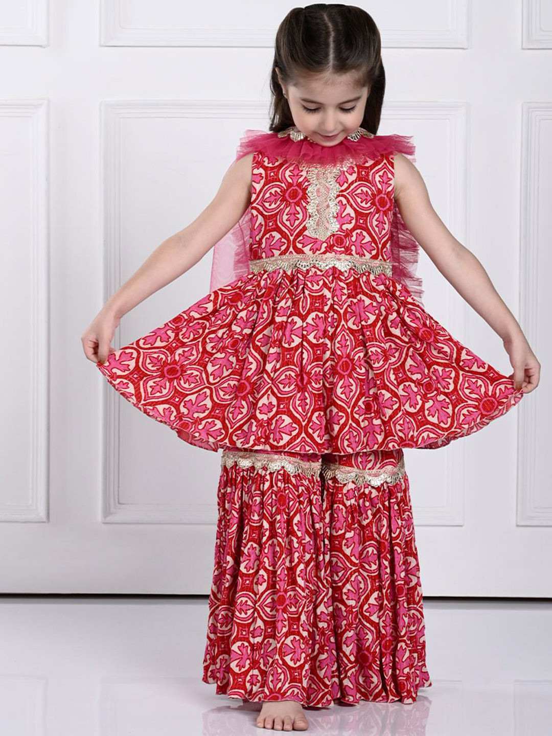 

THE PONY & PEONY CO. Girls Ethnic Motifs Printed A Line Kurta & Sharara With Dupatta, Pink