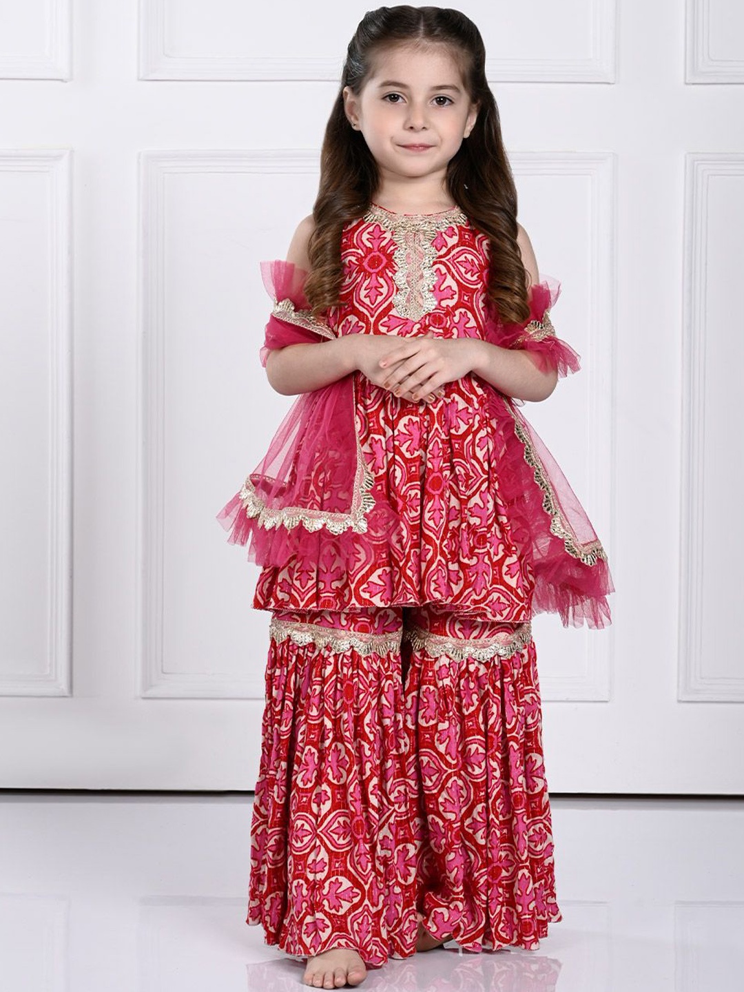 

THE PONY & PEONY CO. Girls Floral Printed A Line Kurti & Sharara With Dupatta, Pink