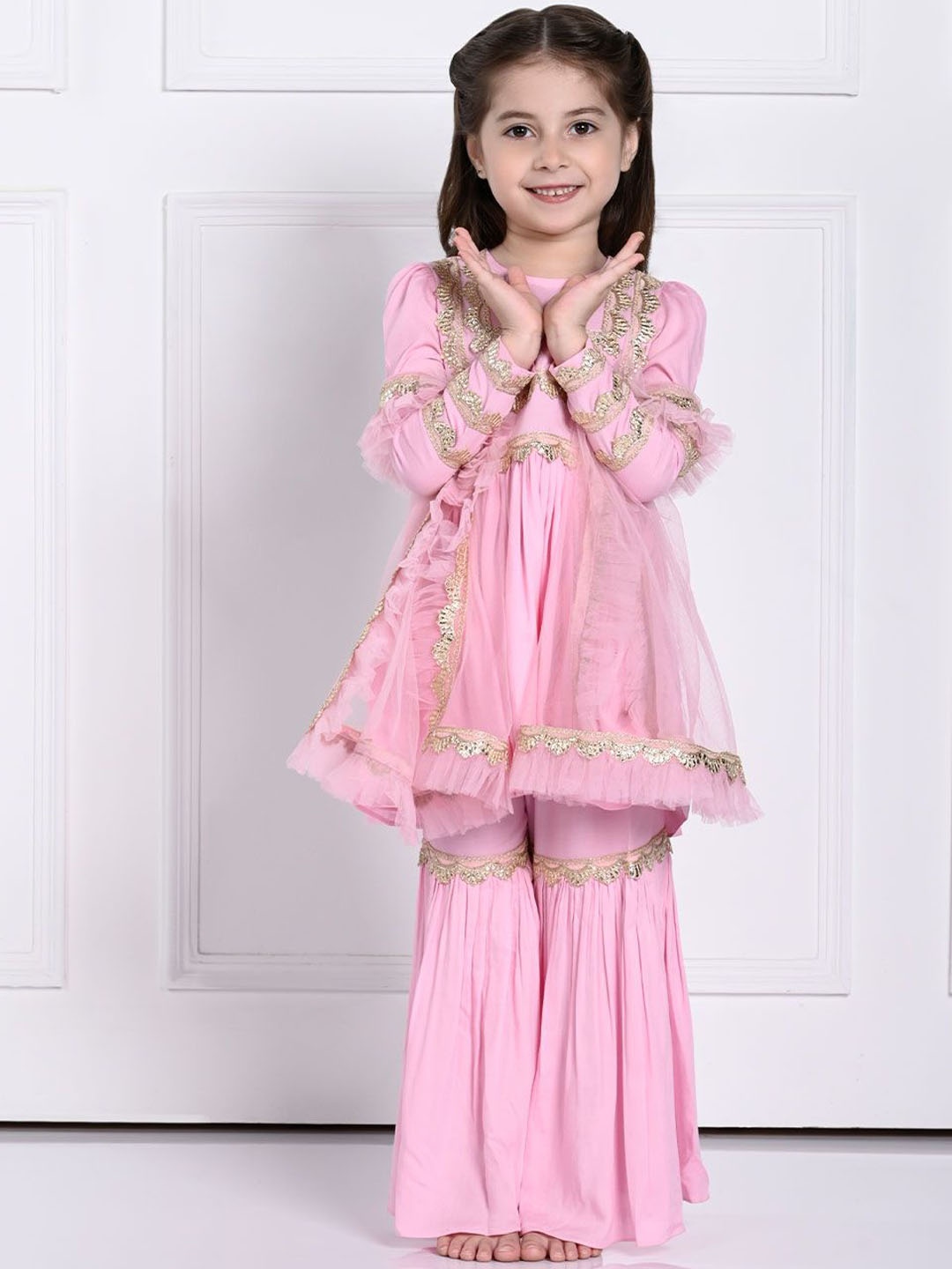 

THE PONY & PEONY CO. Girls Embroidered A Line Kurti & Sharara With Dupatta, Pink
