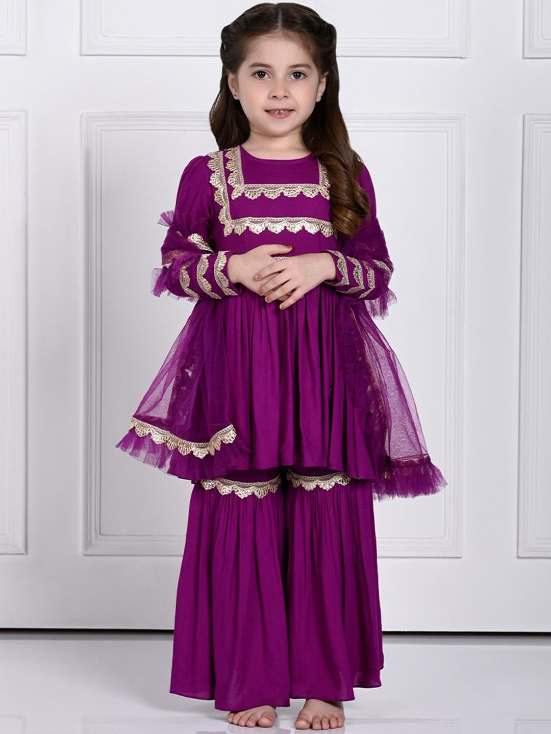 

THE PONY & PEONY CO. Girls Floral Yoke Design A-Line Kurta & Palazzos With Dupatta, Purple