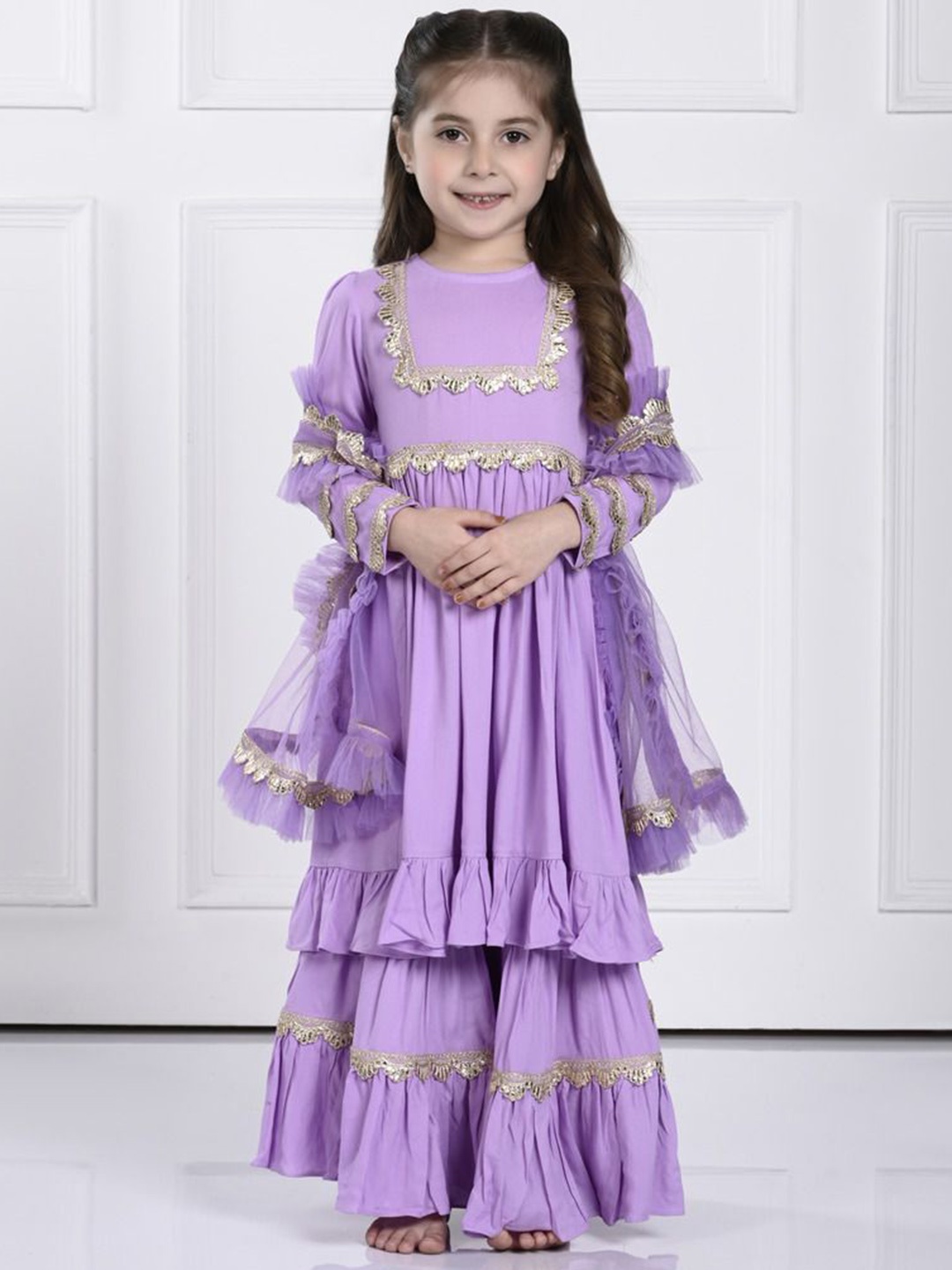 

THE PONY & PEONY CO. Girls Floral Yoke Design A-Line Kurta & Sharara With Dupatta, Lavender