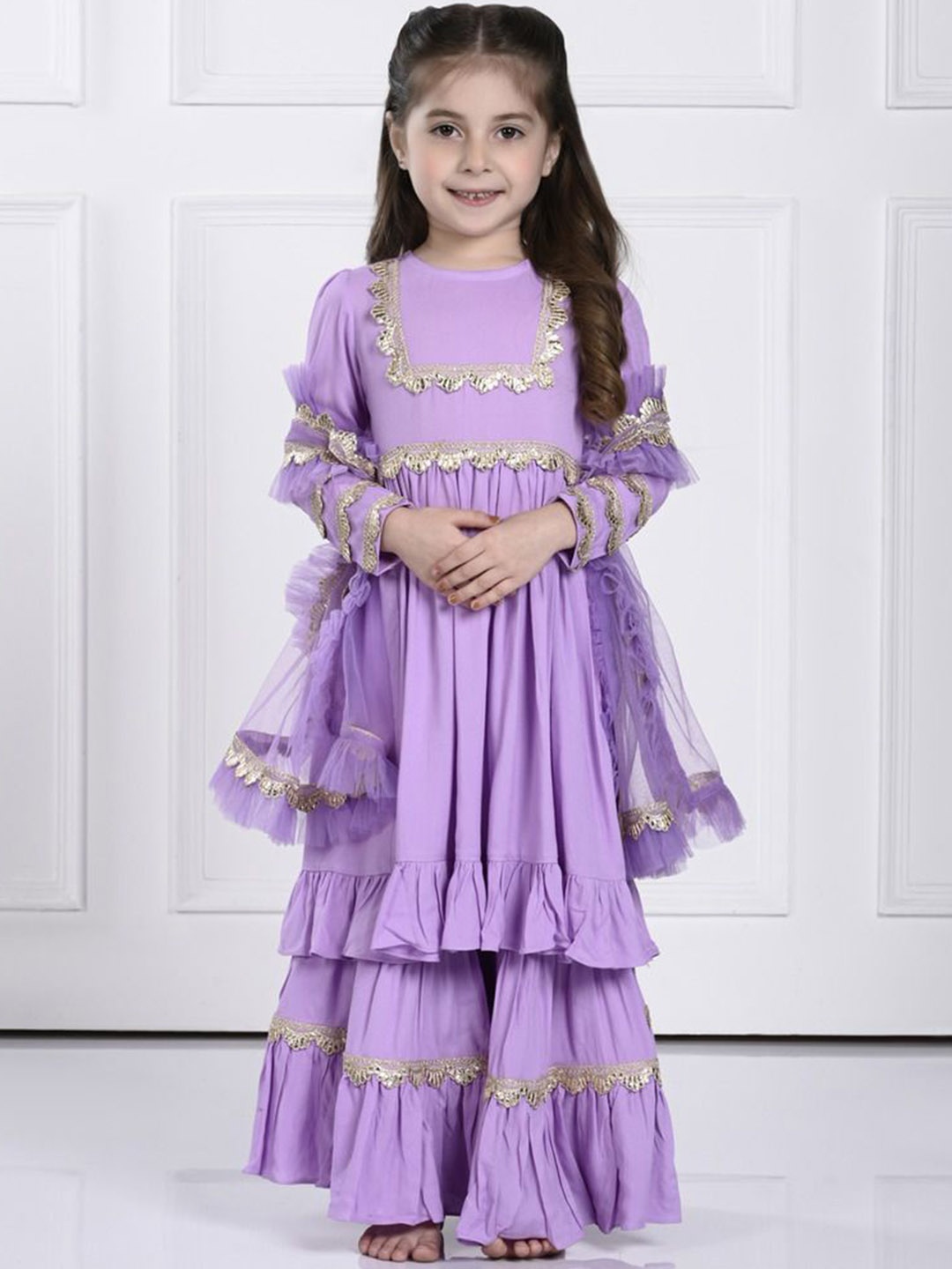 

THE PONY & PEONY CO. Girls Pleated Gotta Patti Anarkali Kurta with Sharara, Lavender