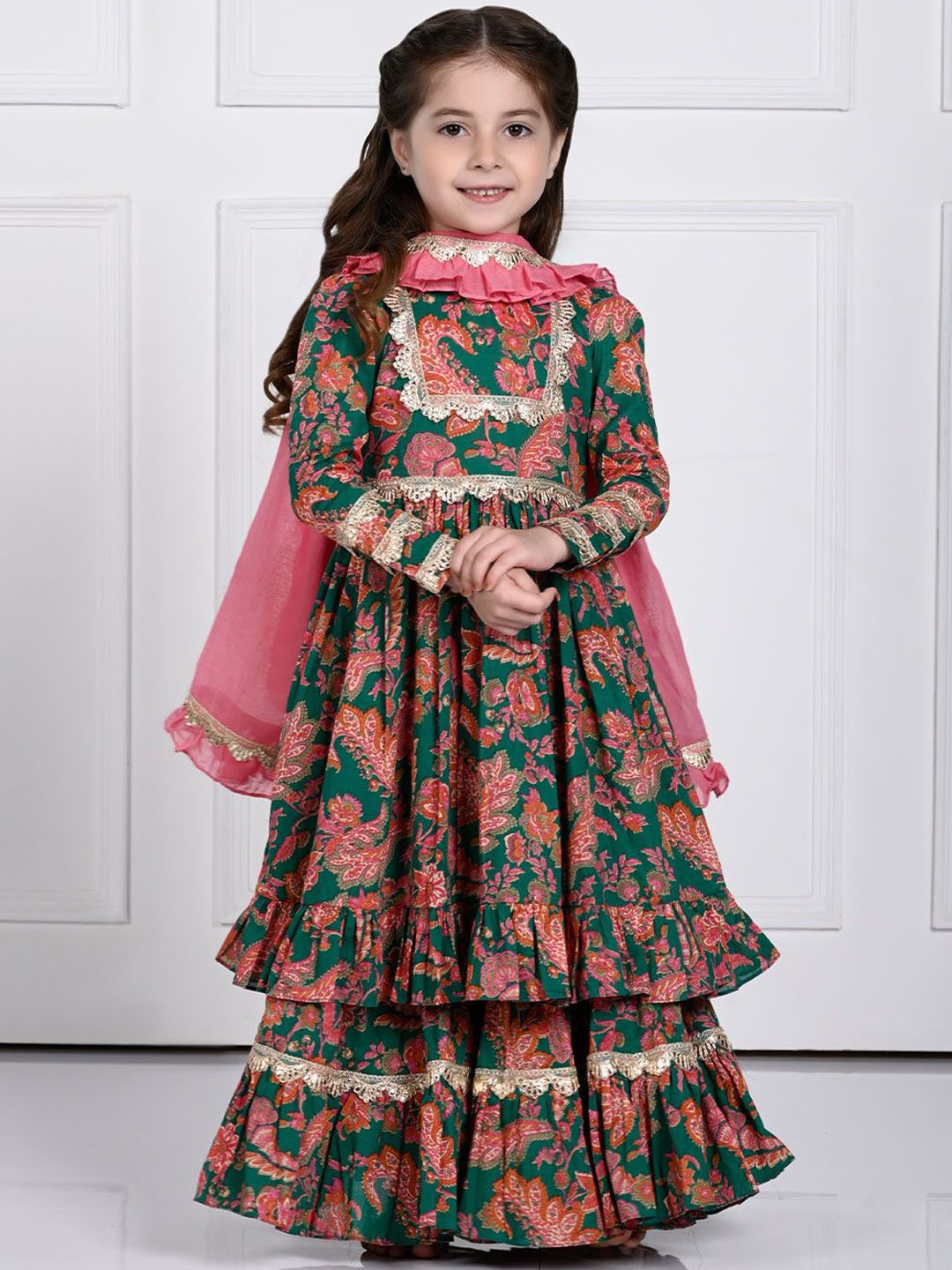 

THE PONY & PEONY CO. Girls Floral Printed Anarkali Kurta & Sharara With Dupatta, Green