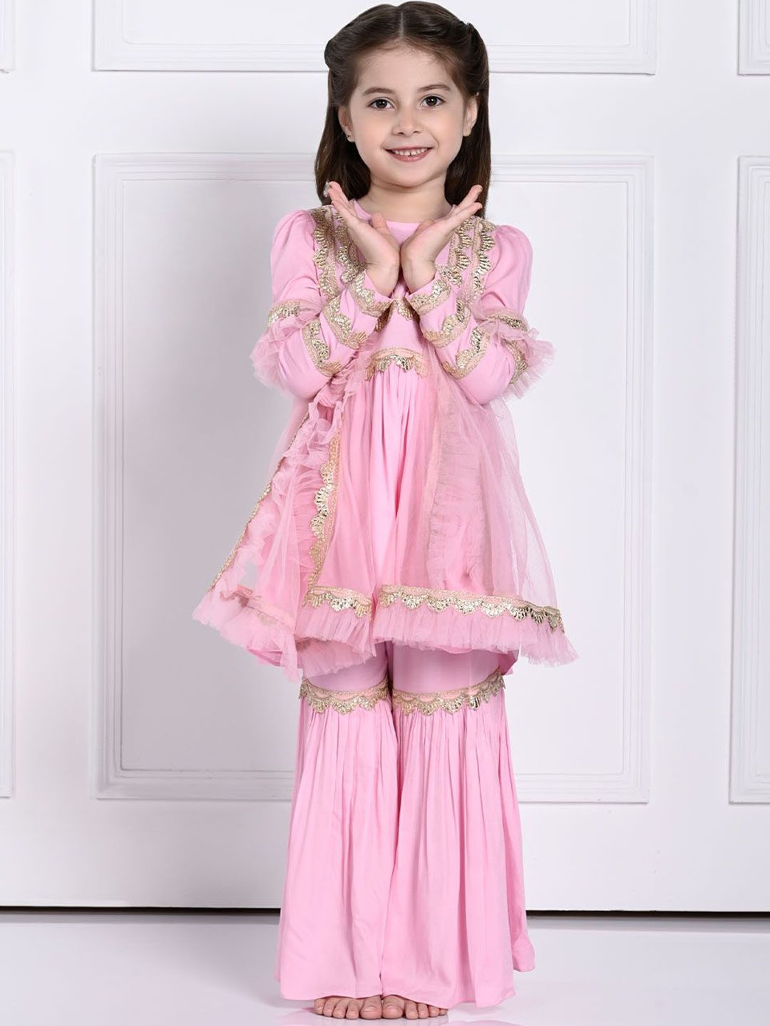 

THE PONY & PEONY CO. Girls Geometric Embroidered A-Line Kurti with Sharara & With Dupatta, Pink