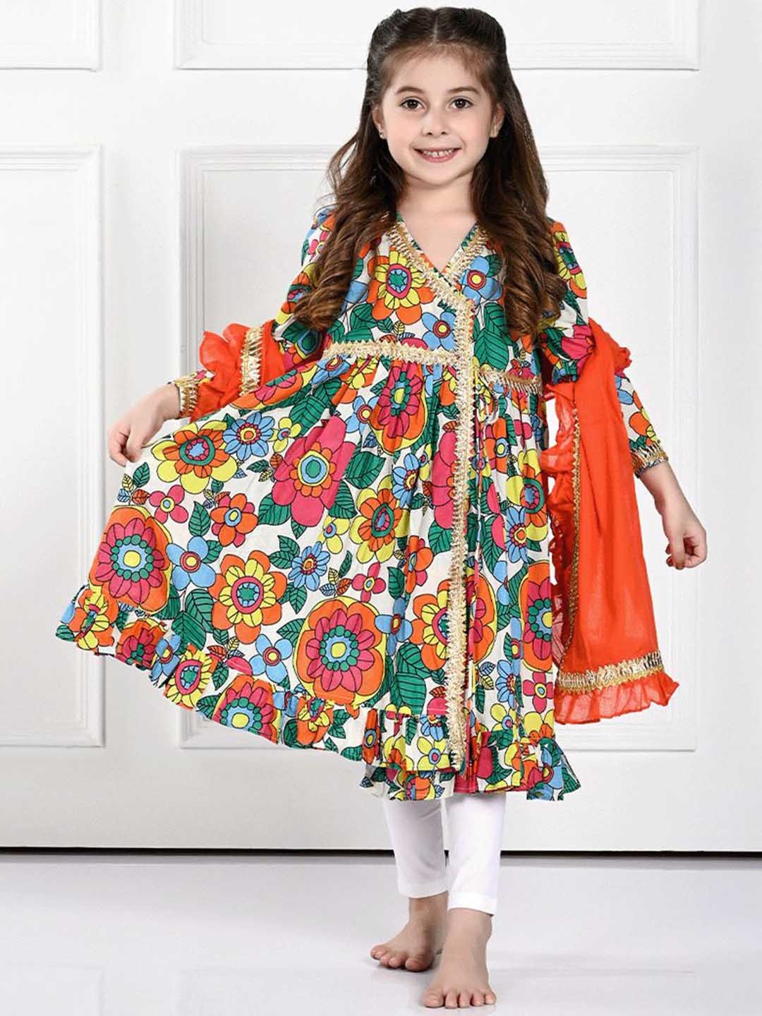 

THE PONY & PEONY CO. Girls Floral Printed Anarkali Kurta With Dupatta, Orange