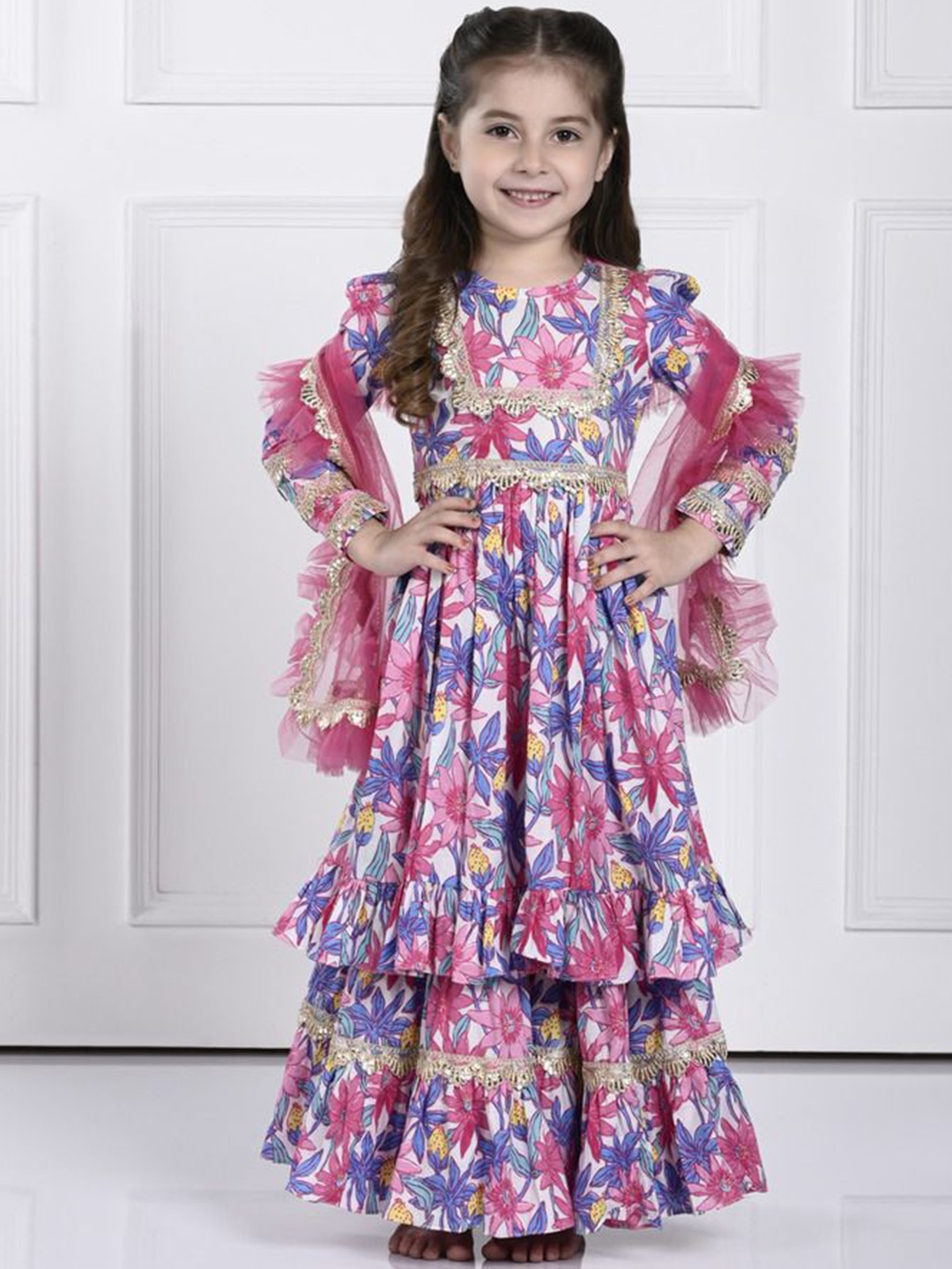 

THE PONY & PEONY CO. Girls Floral Printed Anarkali Pleated Kurta With Sharara & Dupatta, White