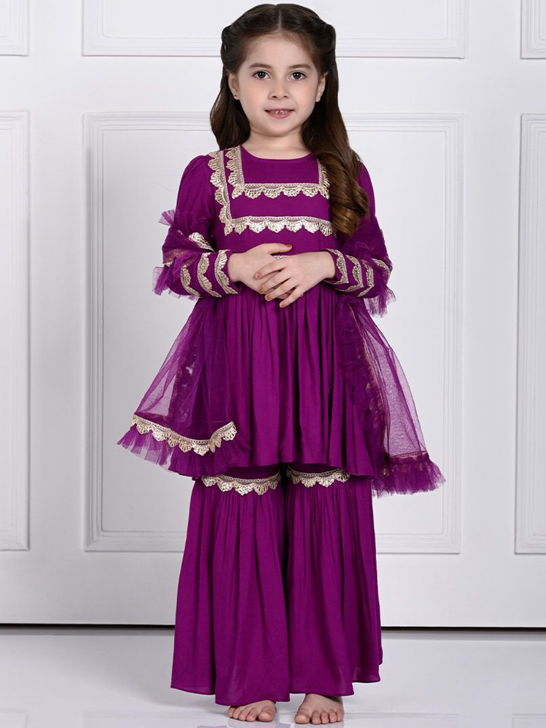 

THE PONY & PEONY CO. Girls Floral Yoke Design Anarkali Kurta & Sharara With Dupatta, Purple