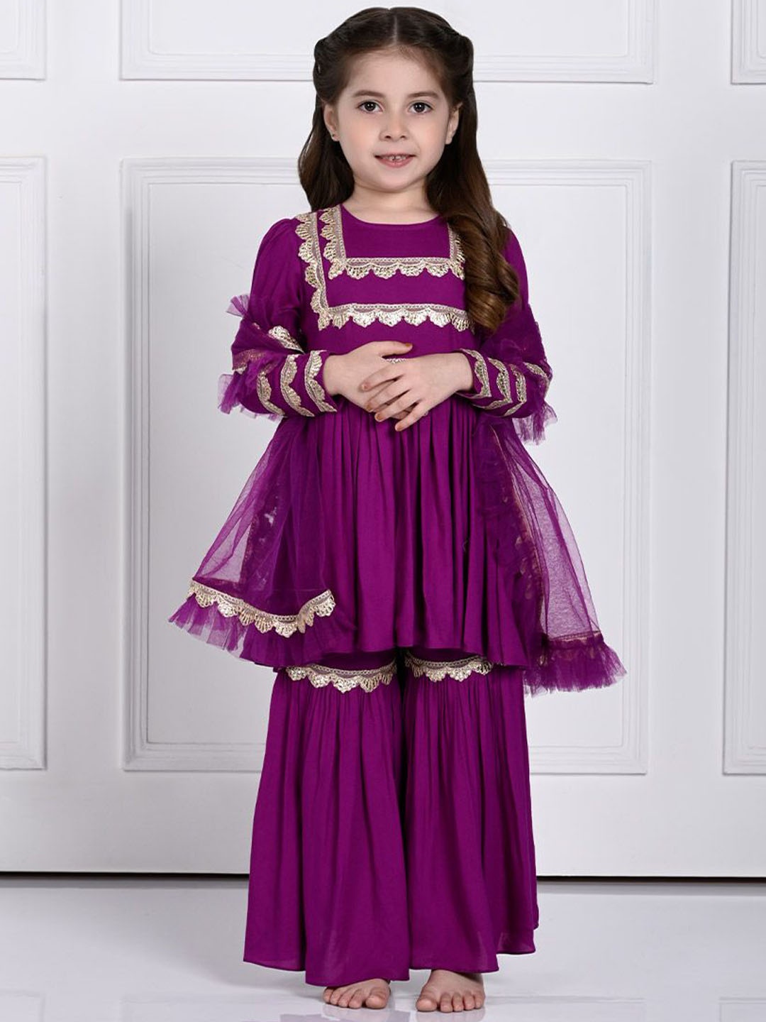 

THE PONY & PEONY CO. Girls Round Neck Anarkali Kurta & Sharara With Dupatta, Purple