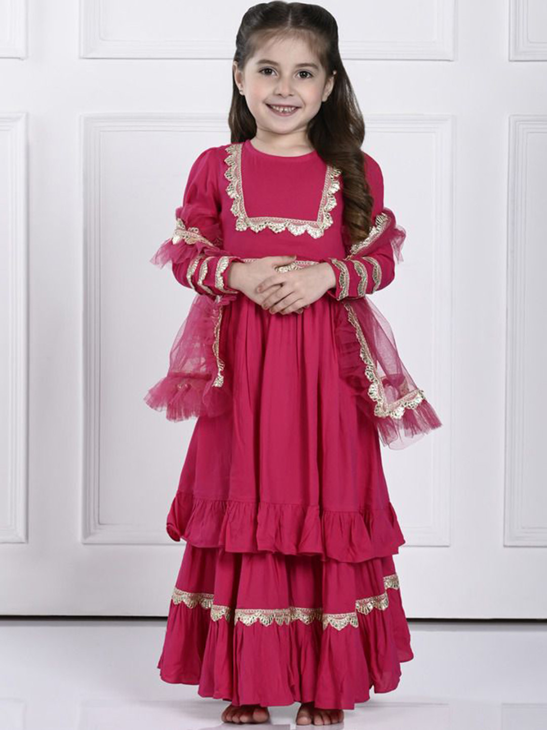 

THE PONY & PEONY CO. Girls Pleated Gotta Patti Anarkali Kurta & Sharara With Dupatta, Pink