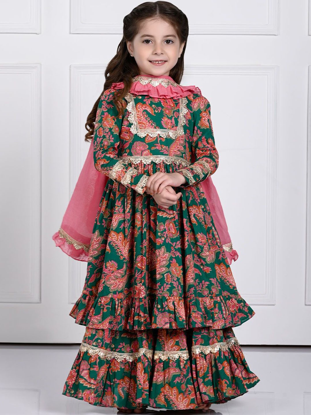 

THE PONY & PEONY CO. Girls Floral Printed Anarkali Pleated Kurta With Sharara & Dupatta, Green