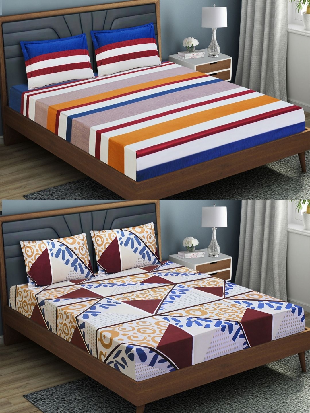 

Aura White & Blue Striped Micrfoiber 144 TC 2 Queen Fitted Bedsheet With 4 Pillow Covers