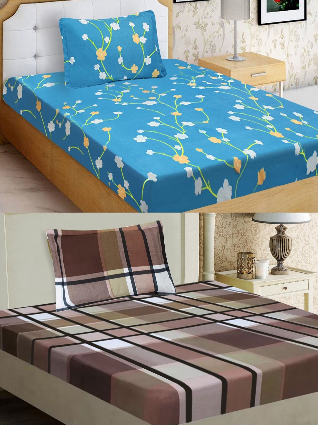 

Aura Blue Floral 144 TC 2 Single Bedsheet with 2 Pillow Covers