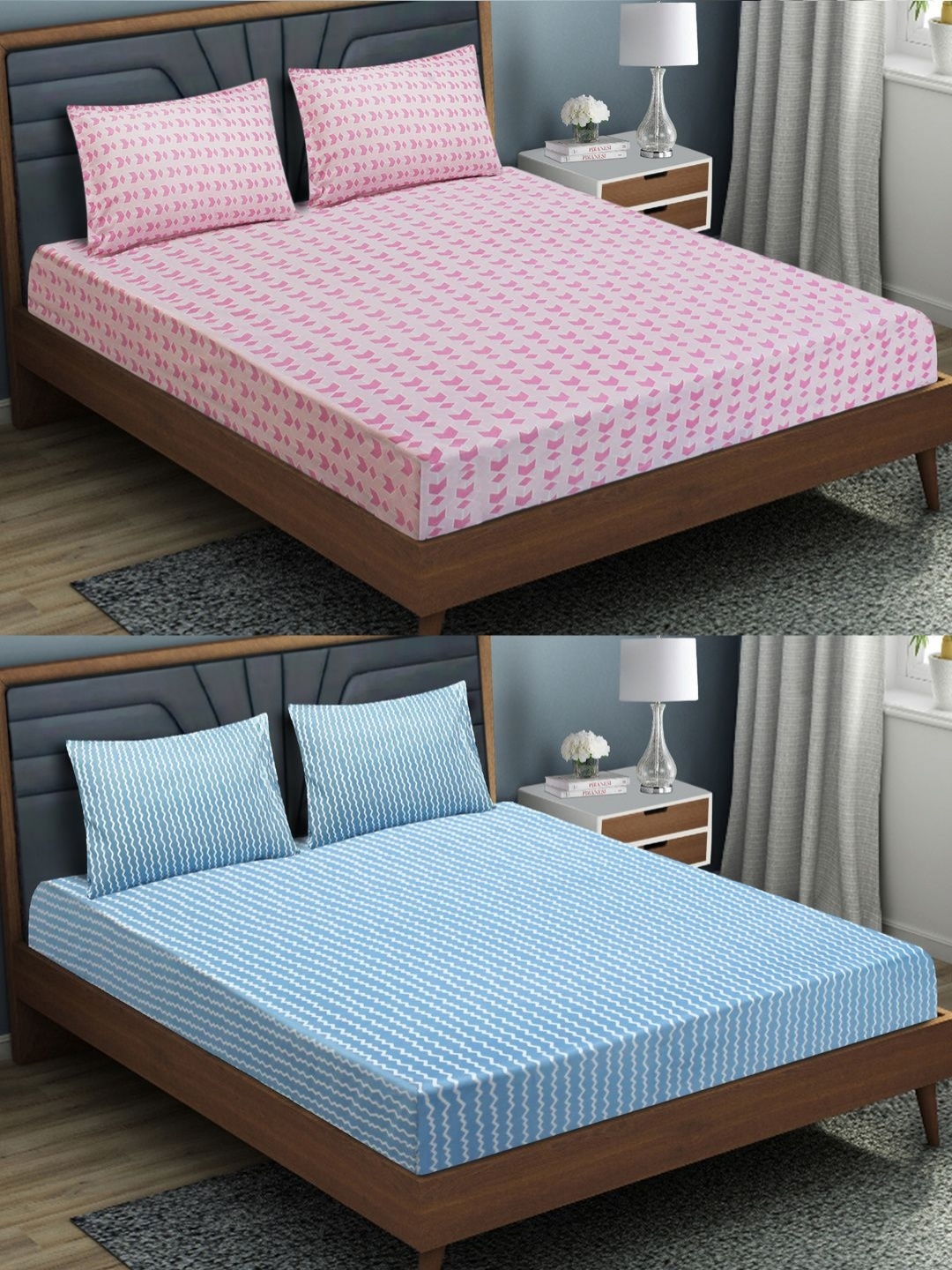 

Aura Pink & Blue Printed Mirofiber 144 TC 2 Queen Fitted Bedsheet With 4 Pillow Covers