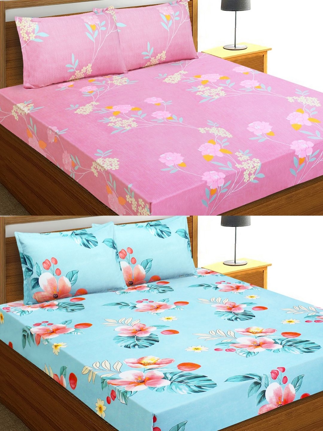 

Aura Pink & Blue Floral Printed 144TC Microfiber 2 Double Queen Bedsheet & 4 Pillow Covers