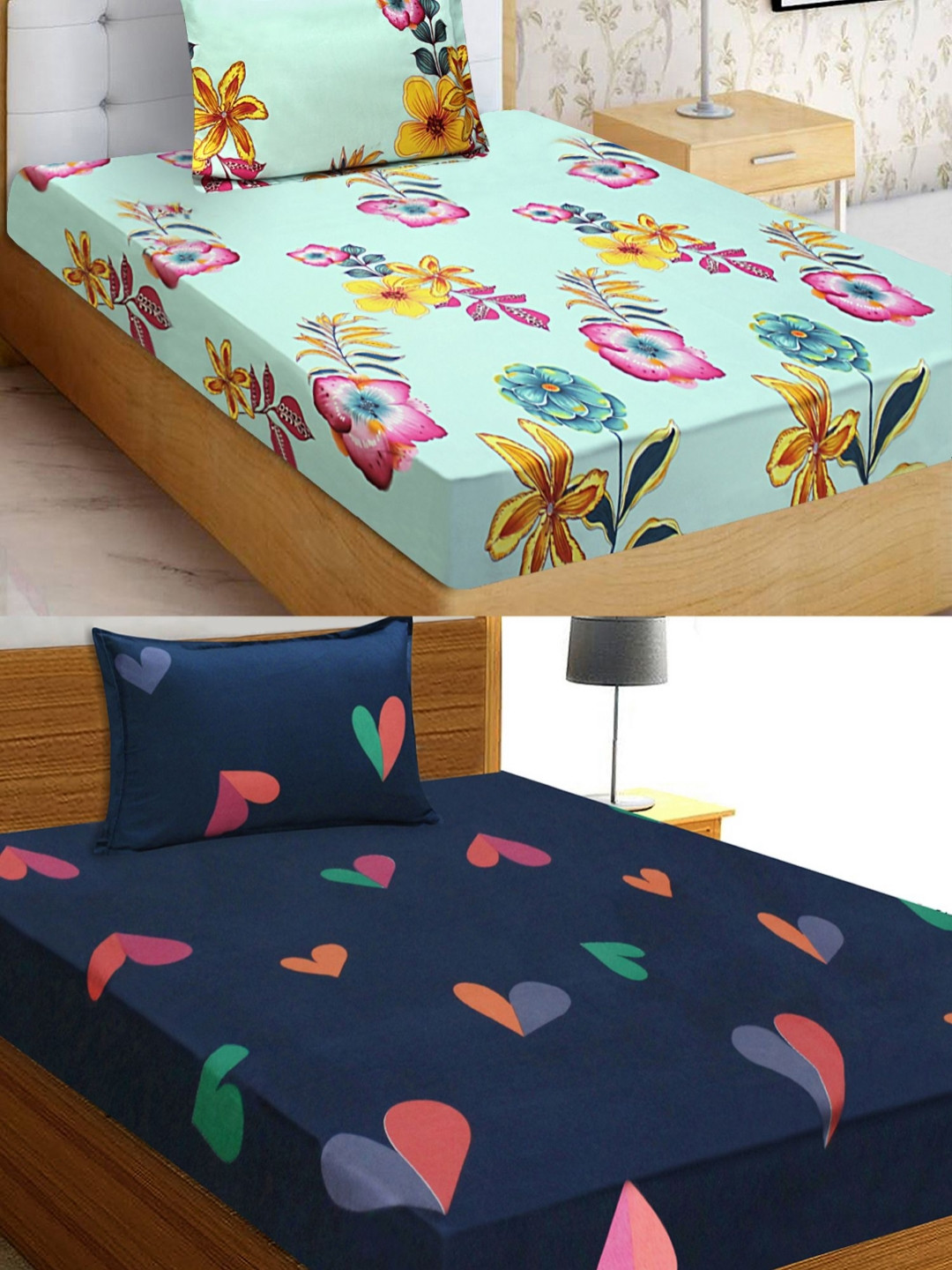 

Aura Navy Blue & Green 4 Pieces Floral 144 TC Microfiber Single Bedsheet & Pillow Covers