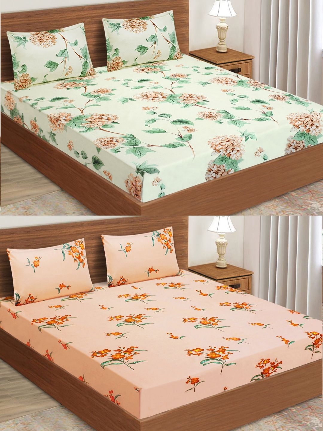 

Aura Green & Orange 6 Pieces Floral Microfiber 160 TC Queen Bedsheet with Pillow Covers