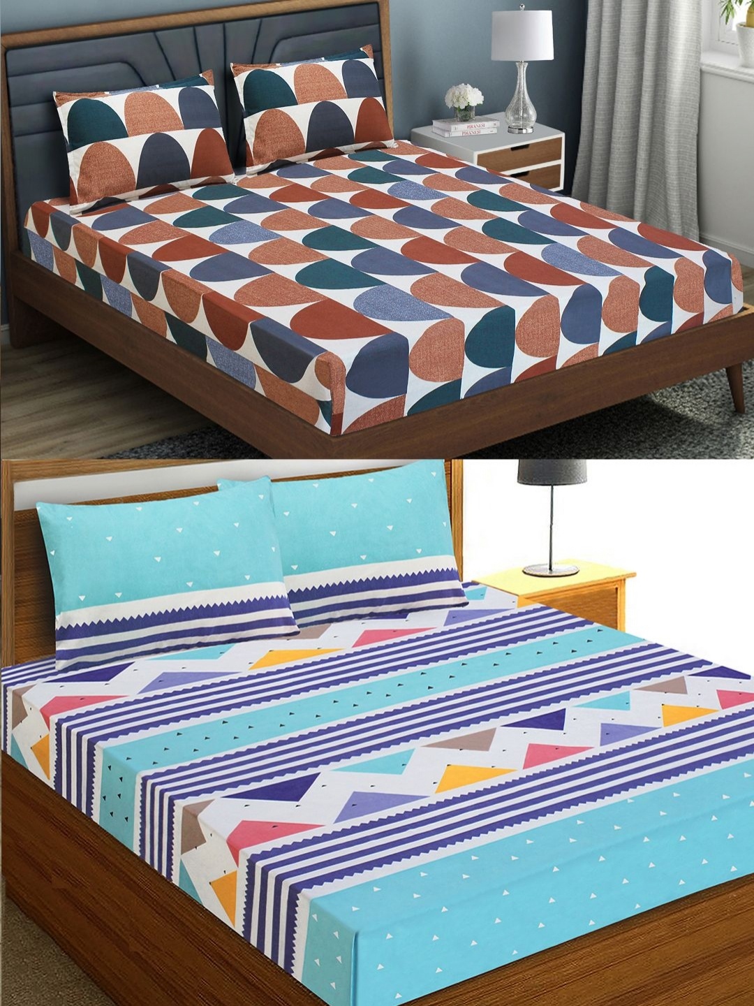 

Aura Blue & White Geometric 144 TC 2 Queen Bedsheet with 4 Pillow Covers
